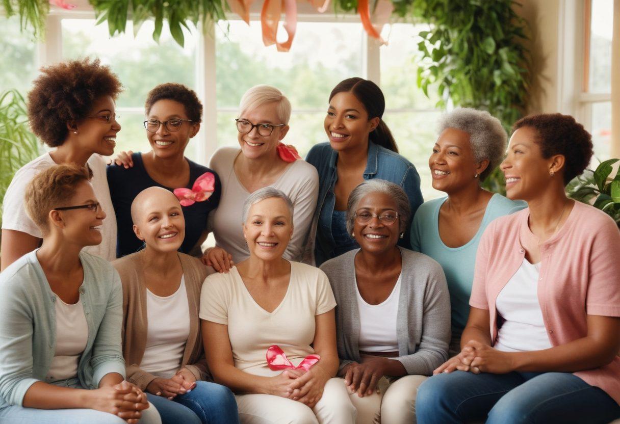 A diverse group of cancer survivors sharing stories in a cozy, sunlit room, surrounded by plants and supportive friends. Include elements like a heart-shaped collage of faces and ribbons symbolizing hope and unity. Capture emotions of warmth, resilience, and connection through their expressions and body language. super-realistic. vibrant colors. inviting atmosphere.
