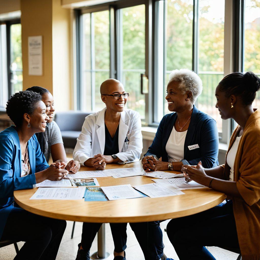 A diverse group of individuals, including a doctor and cancer survivors, gathered in a warm, inviting community space, sharing stories and knowledge. Soft sunlight filters through large windows, highlighting brochures and educational materials on a table. In the background, a large banner reading 'Empowering Lives' emphasizes hope and unity. The mood should be uplifting and inspiring. vibrant colors. super-realistic.