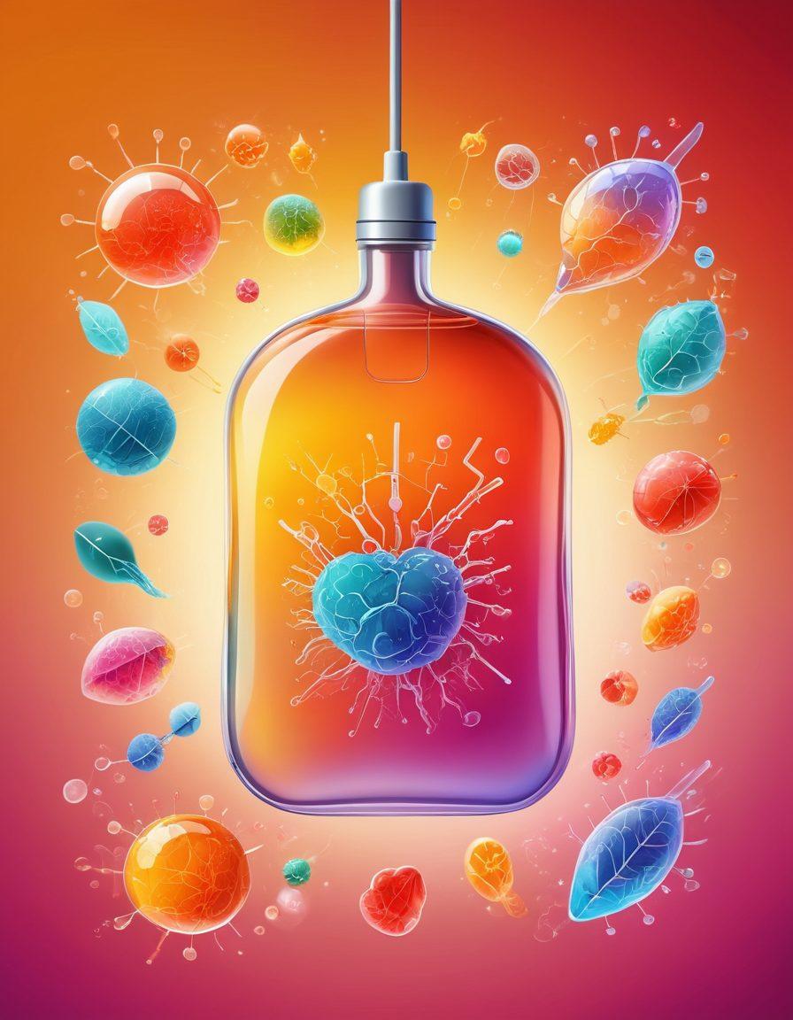 A visual representation of various cancer treatment options, including a vibrant illustration of a chemotherapy infusion bag, a depiction of immunotherapy with cells interacting, and futuristic treatment devices. Convey a sense of hope and healing through warm colors and light surrounding these elements. The background should feature a calming medical environment with abstract shapes symbolizing progress and innovation in treatments. super-realistic. vibrant colors. soft gradient background.